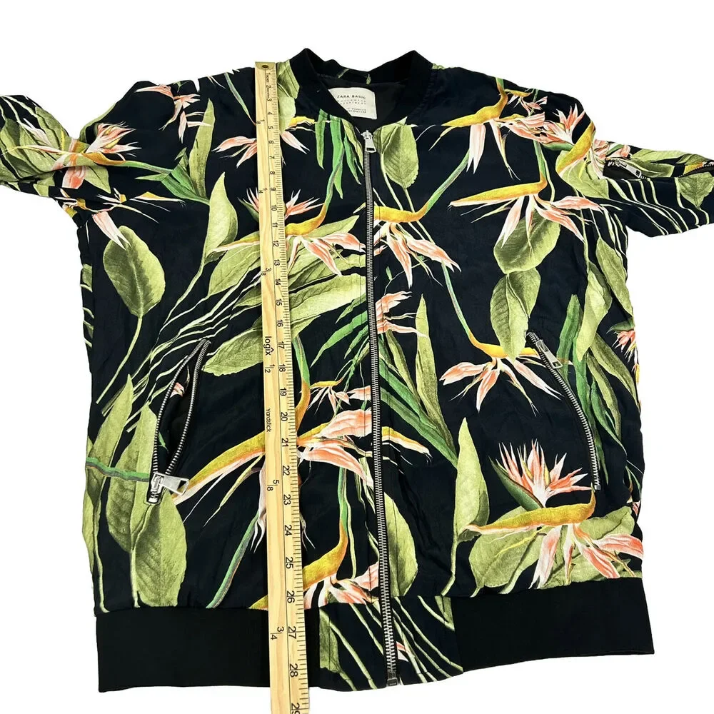 Zara Basic Outerwear Womens Xs Floral Zip Up Bomber Jacket Tropical Oversized - Picture 8 of 10